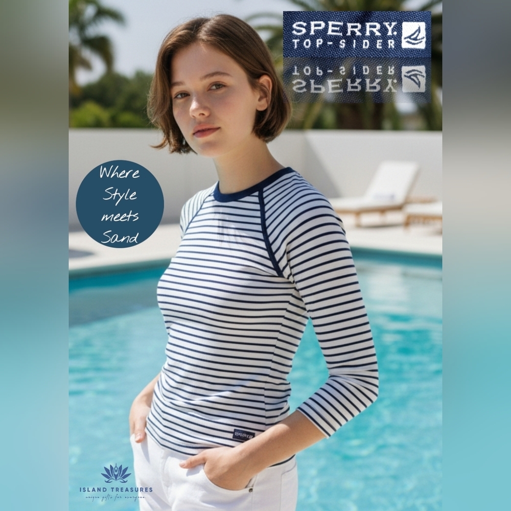 Sperry Top-Slider Women Sz Large Stripe Navy&White Long Sleeve Shirt Nylon-Lycra